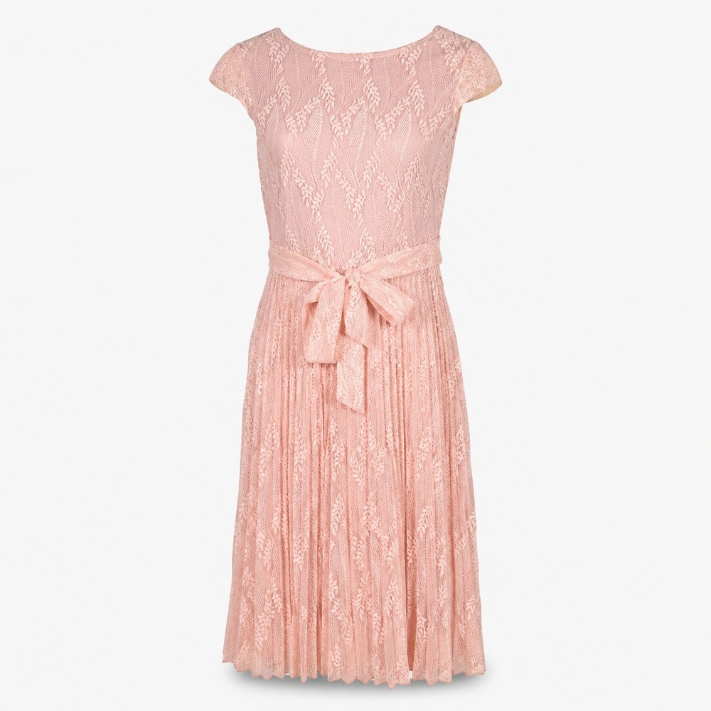 Grefit Pink Leaf Lace Pleated Cap Sleeve Midi Dress Womens‎ Size XS 2 26-1159